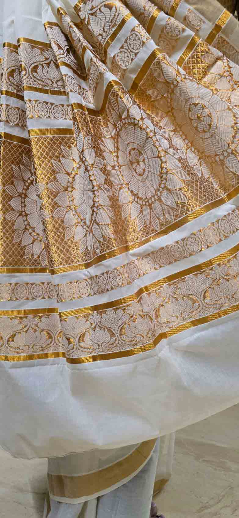 White & Gold Cotton Kasavu Saree Design Details